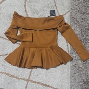 Revamped Brown Off-Shoulder Peplum Top